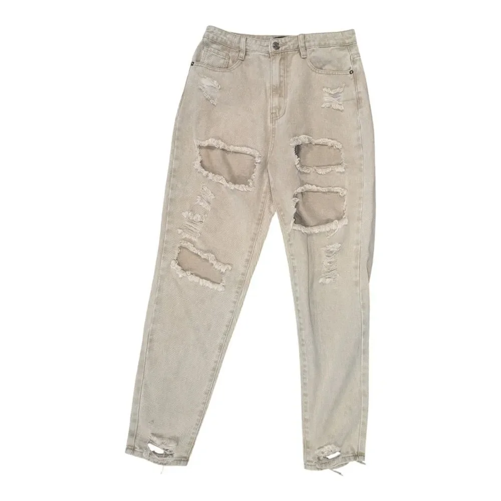 Missguided Riot High Rise Extreme Ripped Mom Jeans Stone Size: 6 - Picture 3 of 12